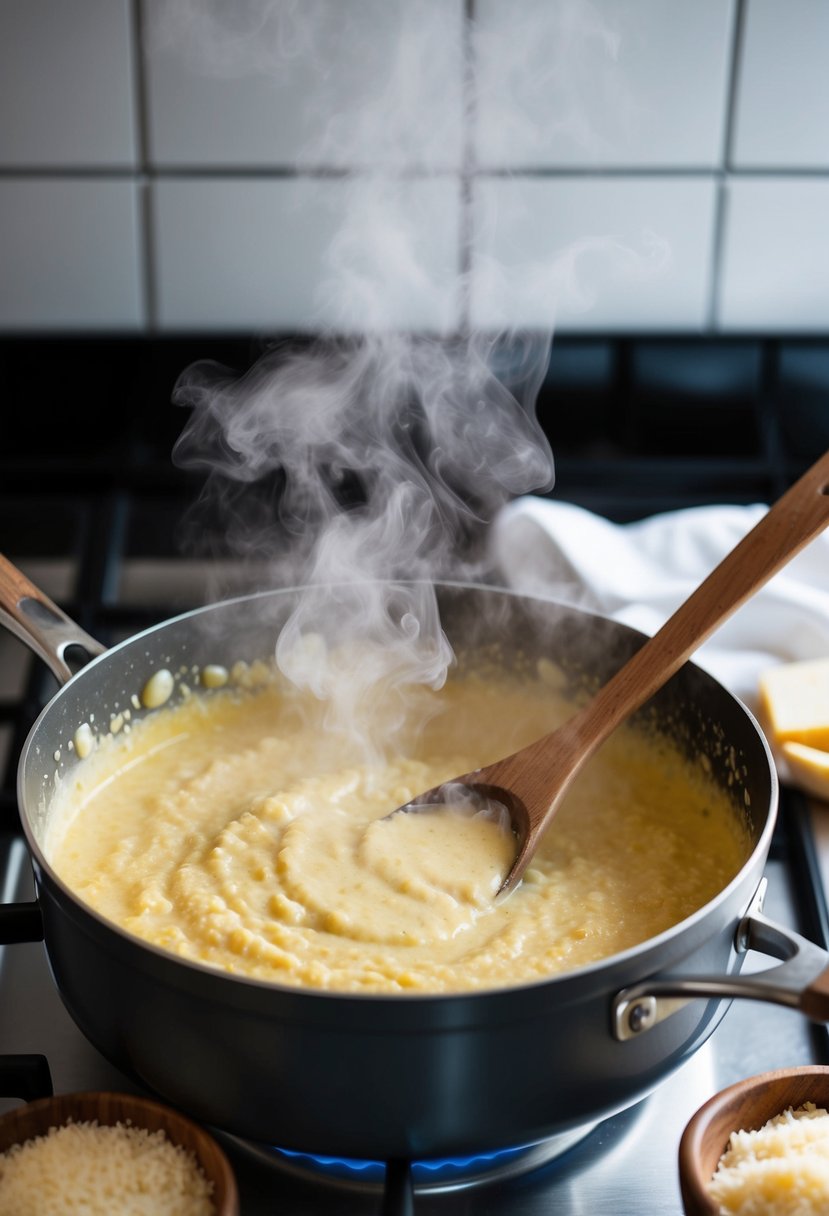 A pot of creamy carbonara sauce simmers on a stovetop, steam rising as a wooden spoon stirs the thick, rich mixture. Grated parmesan cheese and cracked black pepper sit nearby