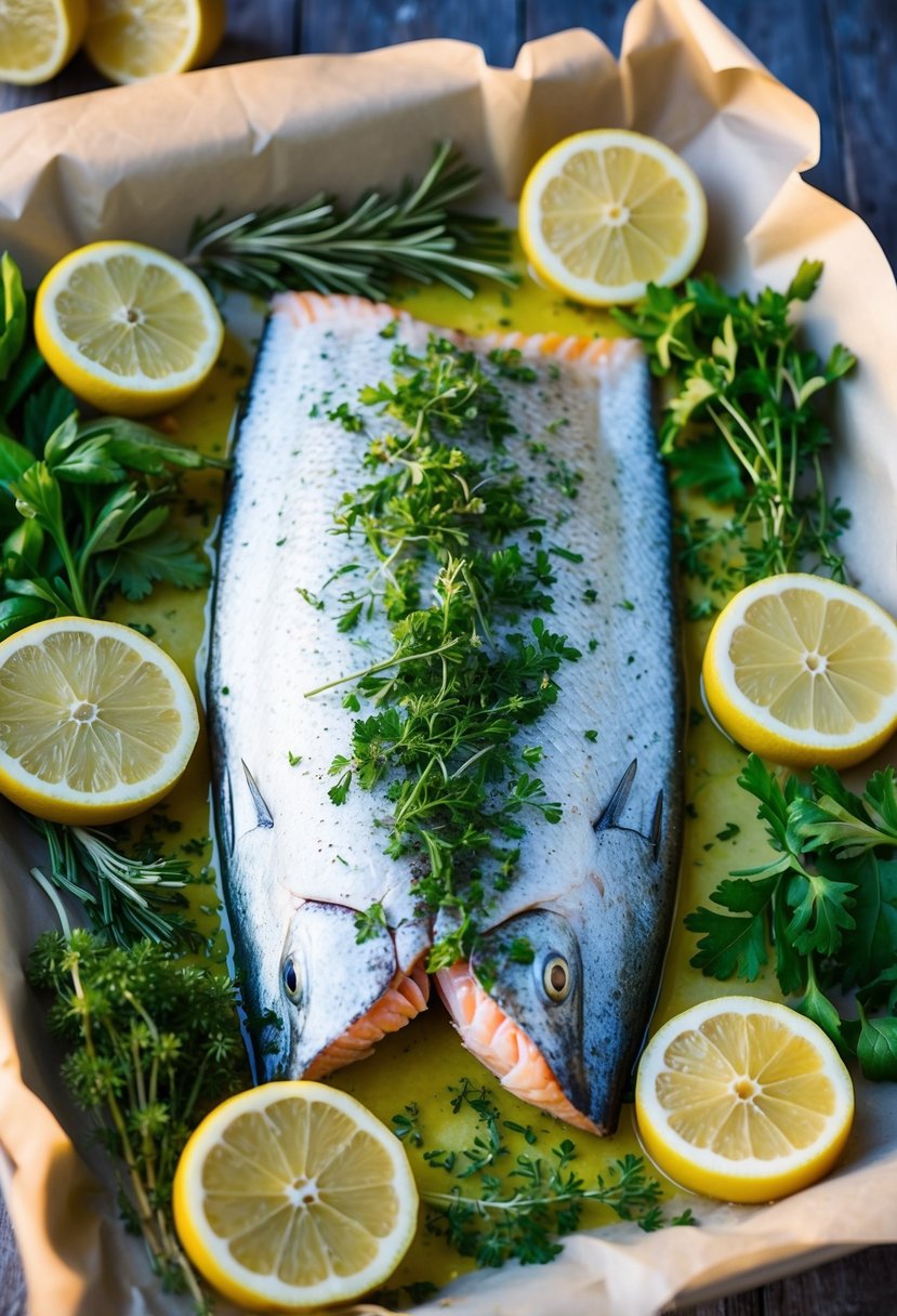 A colorful array of fresh herbs and lemon slices surround a perfectly baked mahi mahi fillet on a bed of parchment paper