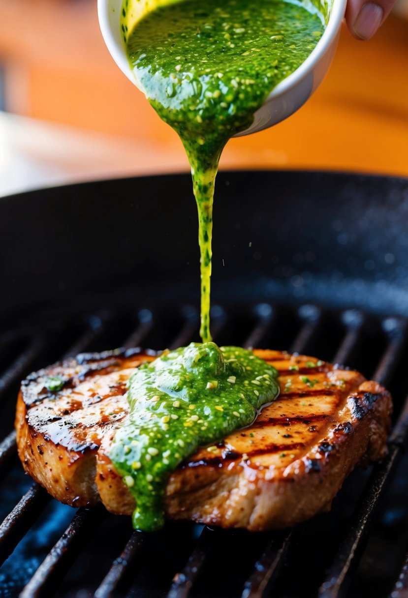 A vibrant green chimichurri sauce being drizzled over a sizzling grilled steak. Vibrant herbs and spices are visible in the sauce