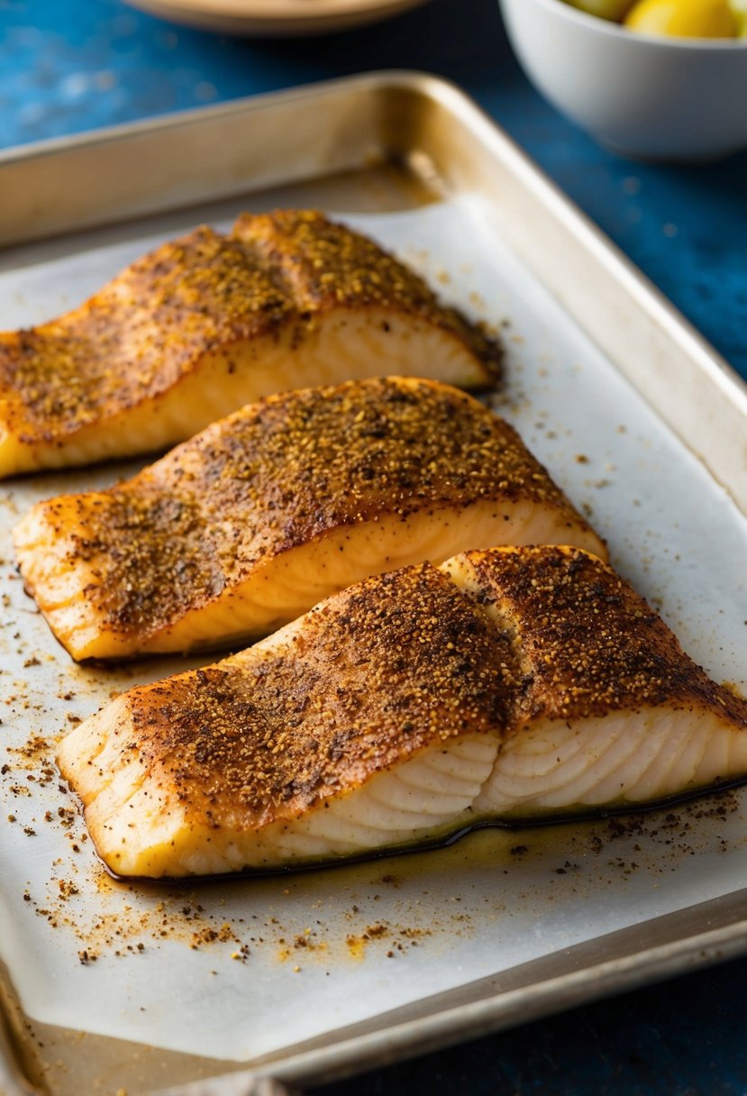 A fillet of mahi mahi is coated in blackened seasoning and placed on a baking sheet, ready to be baked to perfection