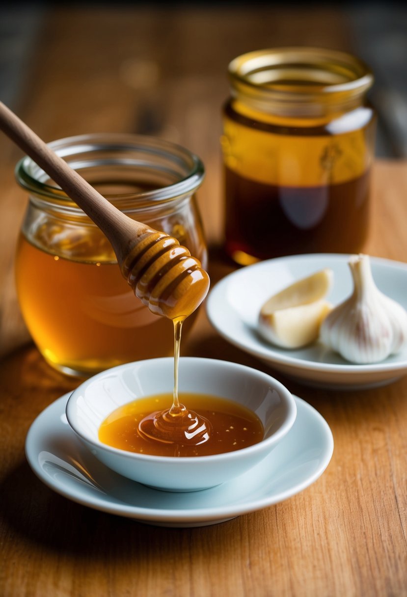 A small bowl of golden honey, cloves of garlic, and a drizzle of sauce in a glass jar