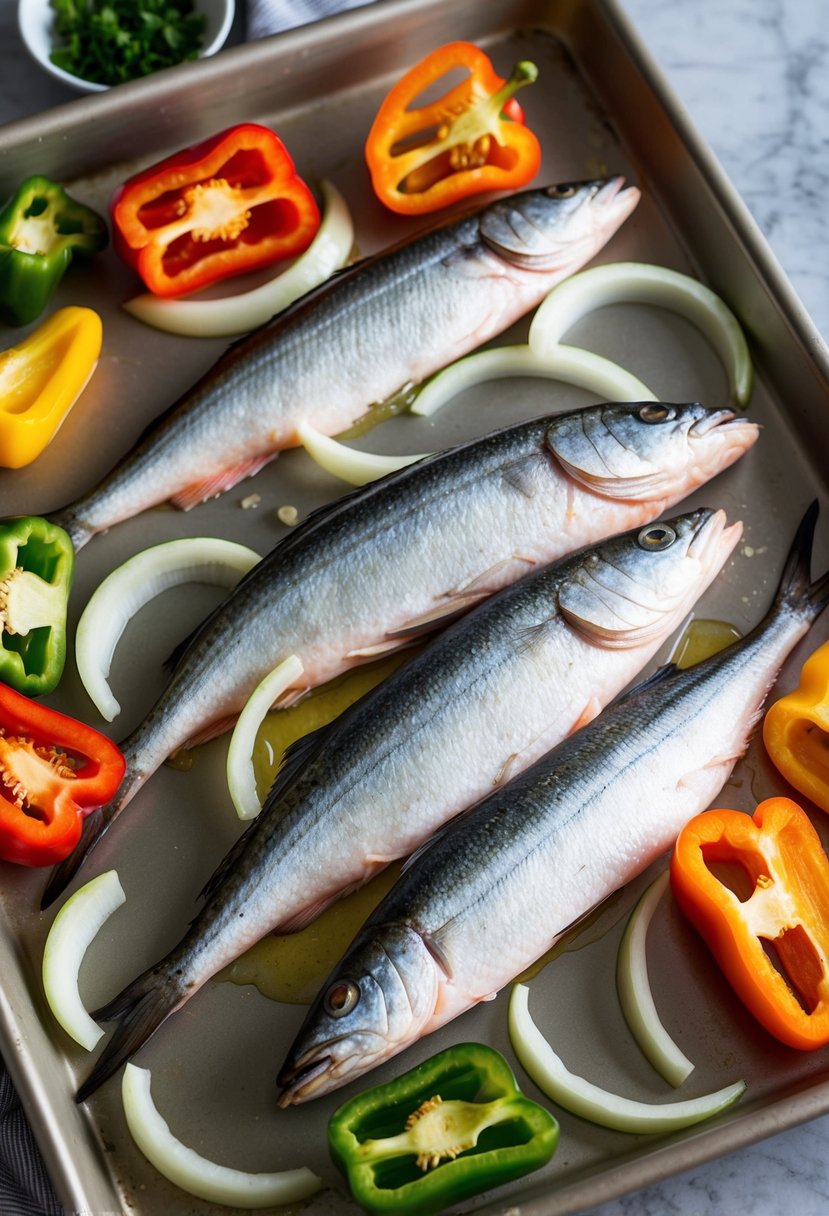 Mahi mahi fillets surrounded by sliced onions and peppers on a baking sheet