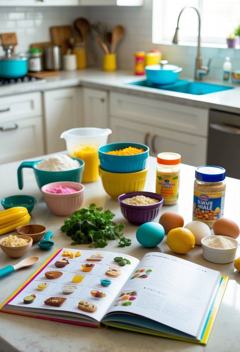 A colorful array of ingredients and kitchen utensils scattered across a clean countertop, with a child-friendly recipe book open to a page of no-bake treats