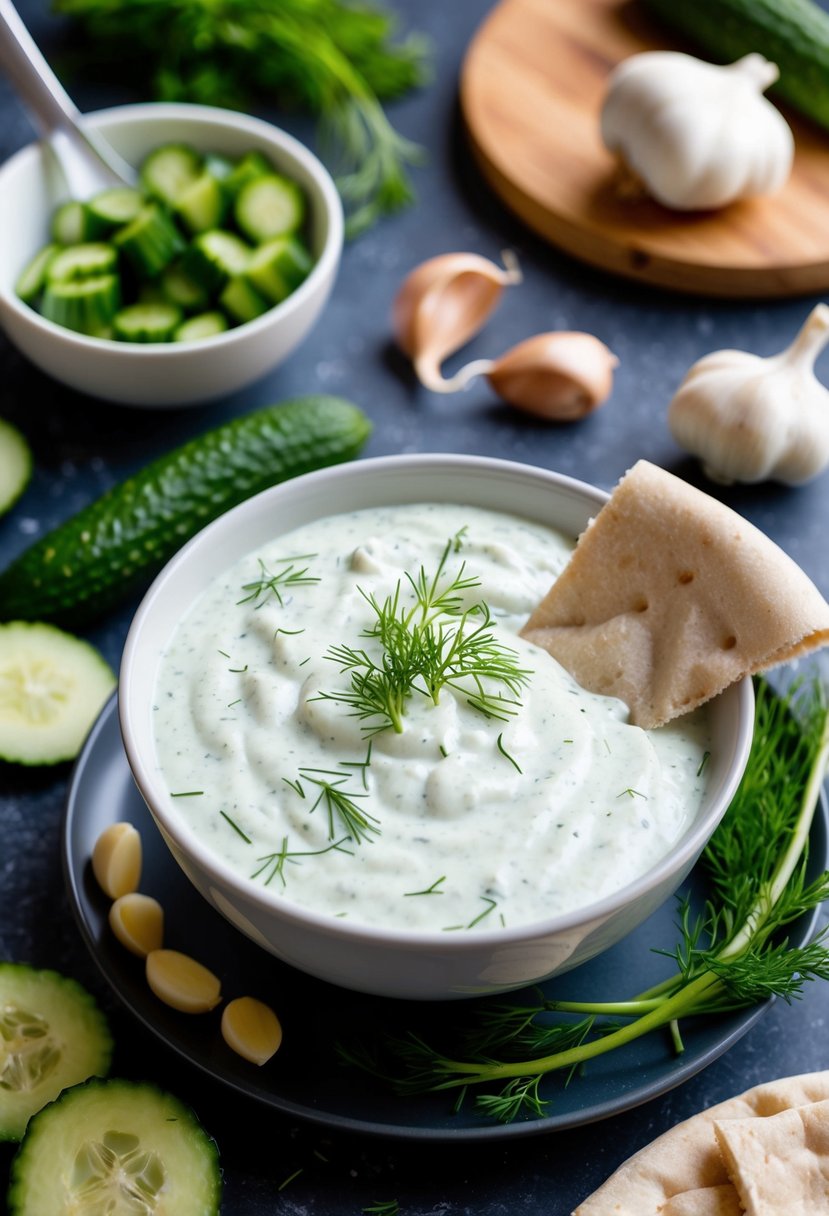 A bowl of creamy tzatziki sauce surrounded by fresh ingredients like cucumbers, dill, and garlic, with a dollop of sauce on a pita bread