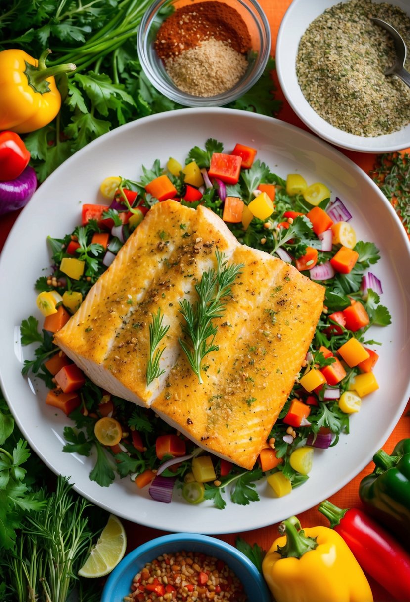 A colorful array of fresh herbs and spices surround a perfectly baked Cajun Mahi Mahi fillet on a bed of vibrant vegetables