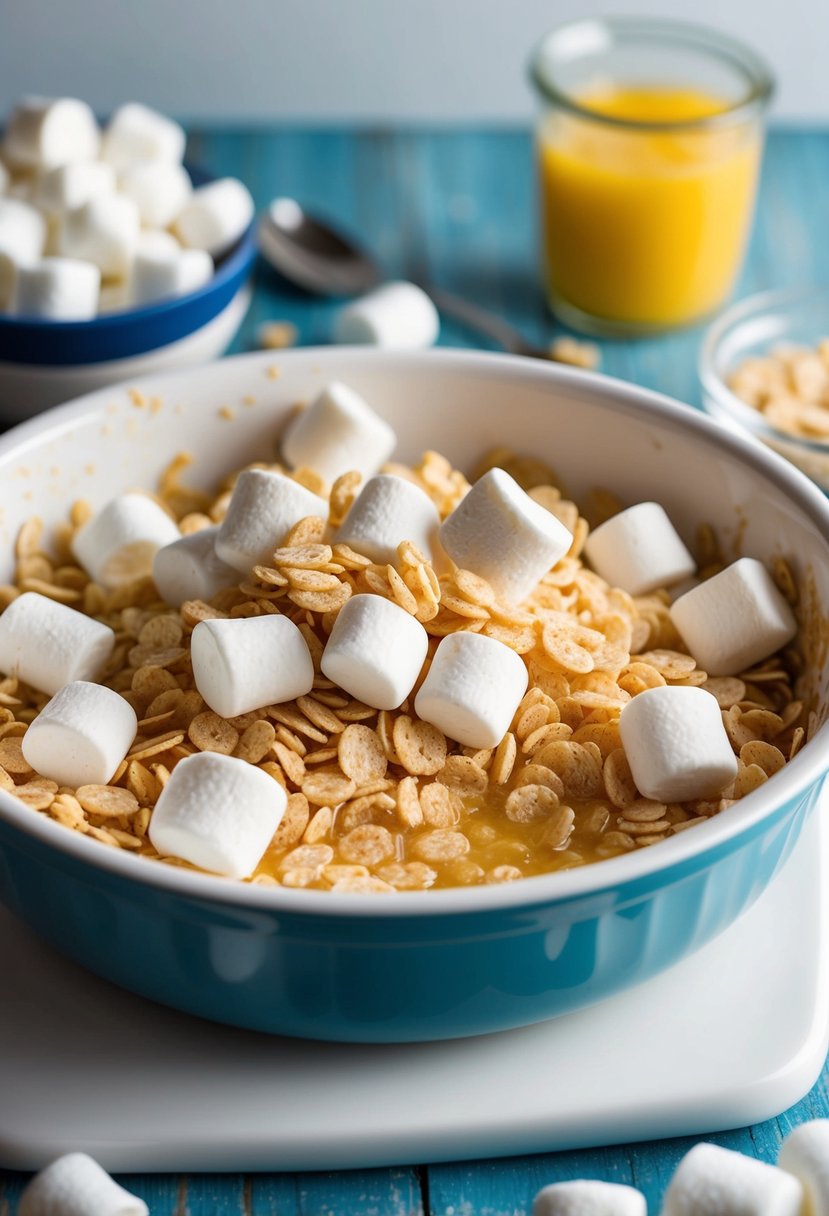 A bowl of melted marshmallows mixed with rice cereal in a greased baking dish