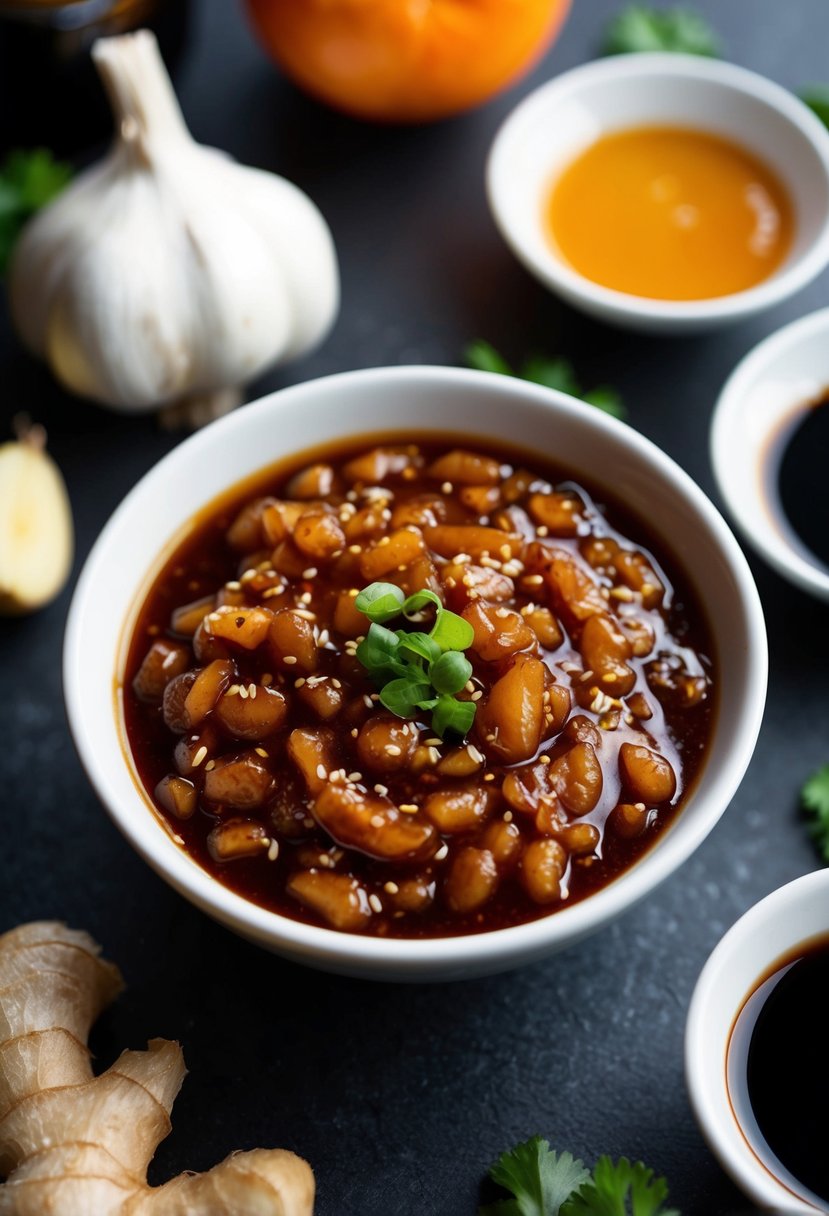 A small bowl filled with thick, glistening teriyaki sauce, surrounded by fresh ingredients like garlic, ginger, and soy sauce