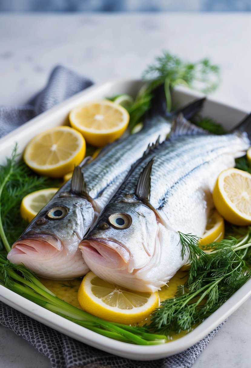 A fresh mahi mahi fillet sits on a bed of dill and lemon slices, ready to be baked to perfection