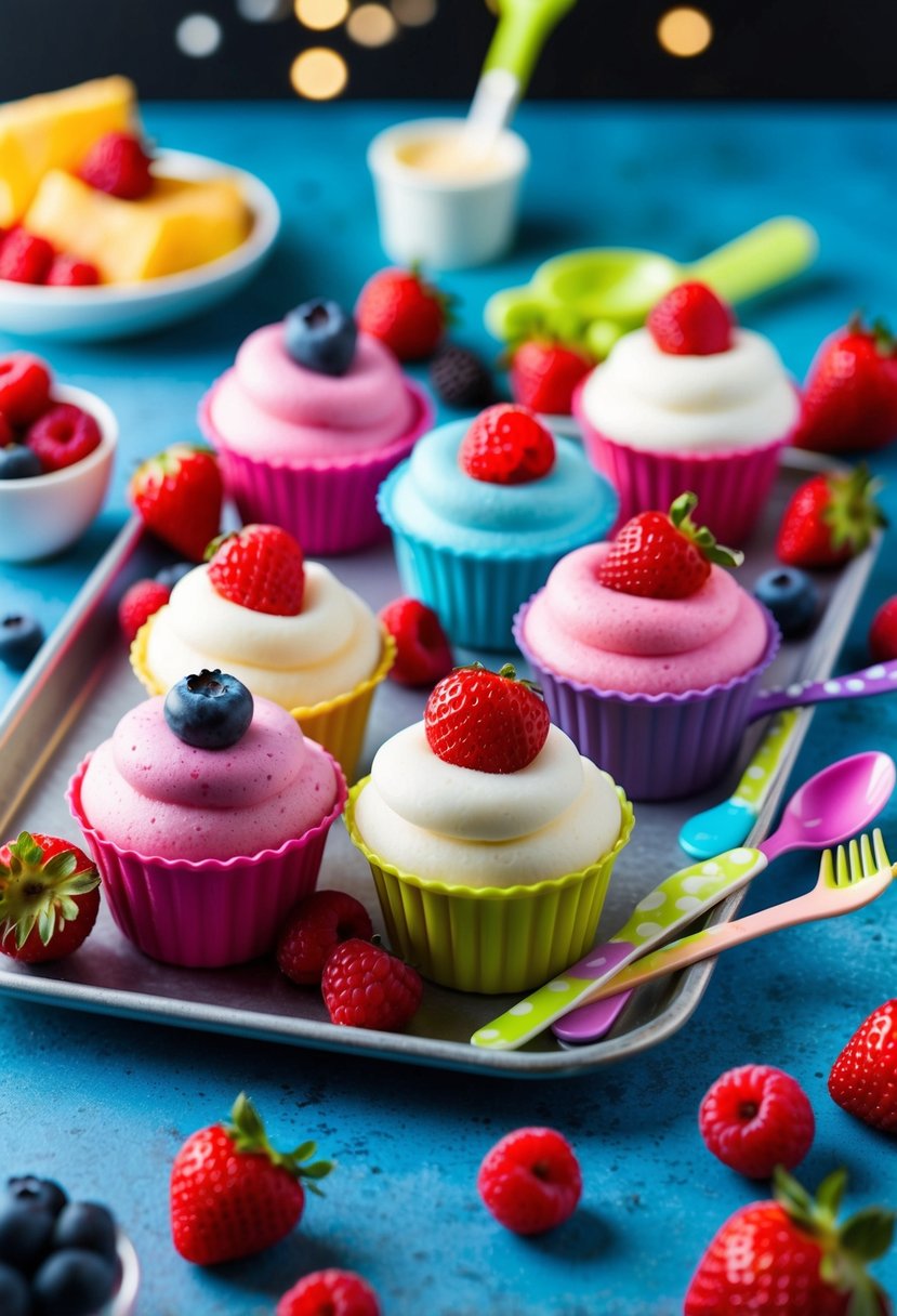 A colorful array of frozen yogurt berry bites arranged on a tray, surrounded by fresh berries and playful utensils