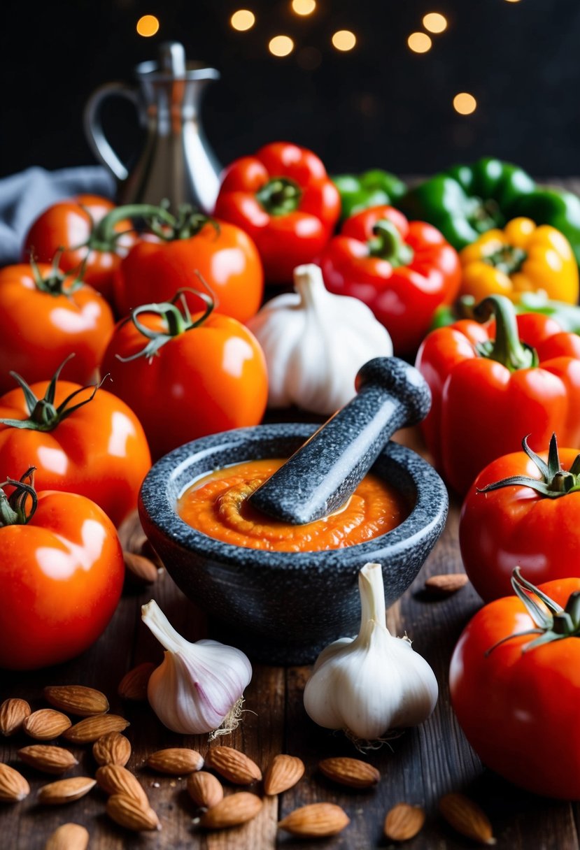 A vibrant array of ripe tomatoes, red bell peppers, almonds, and garlic surround a mortar and pestle, ready to be transformed into bold Romesco sauce