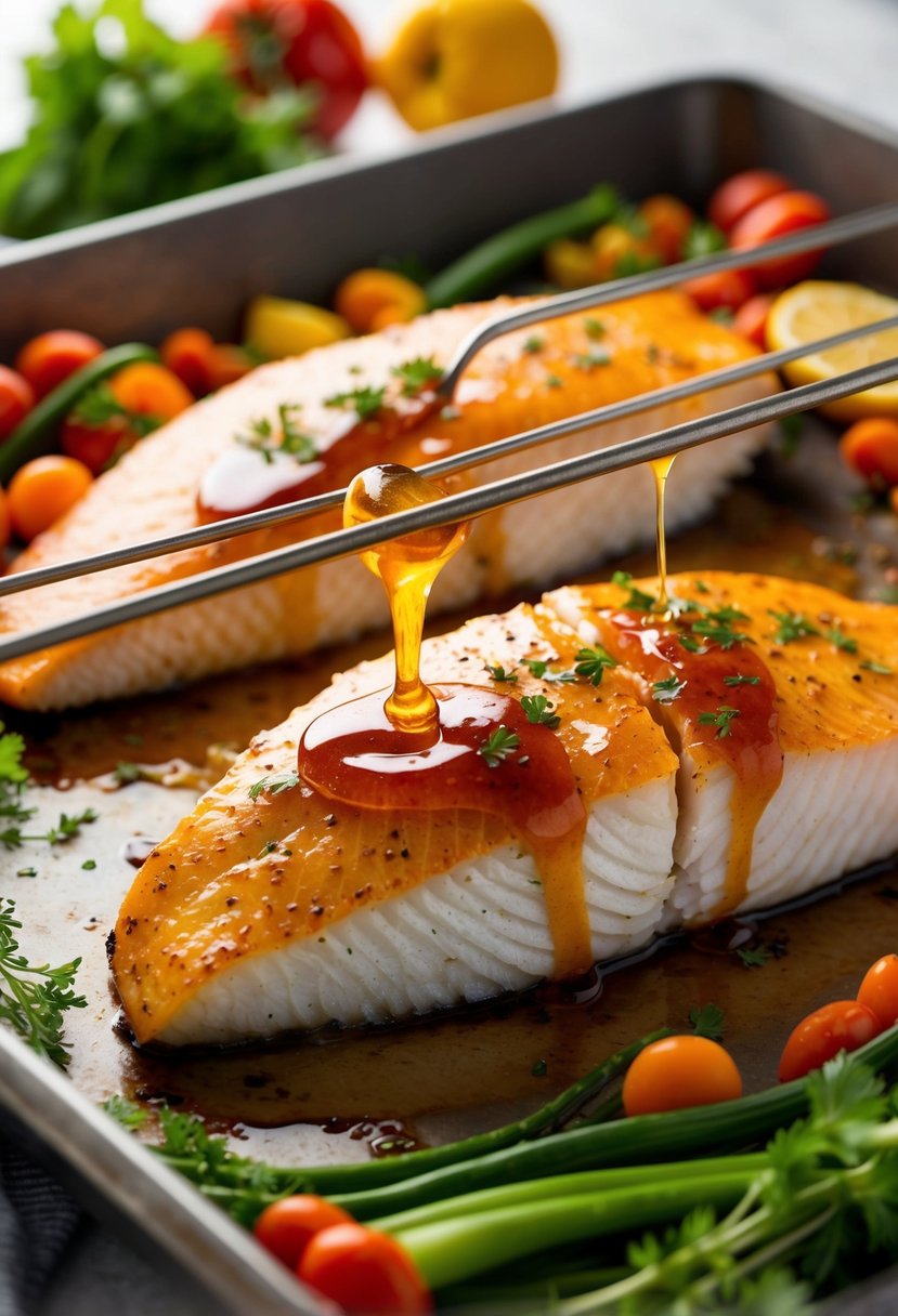 A mahi mahi fillet is being baked in the oven, coated with a sweet and spicy honey glaze, surrounded by colorful vegetables and herbs