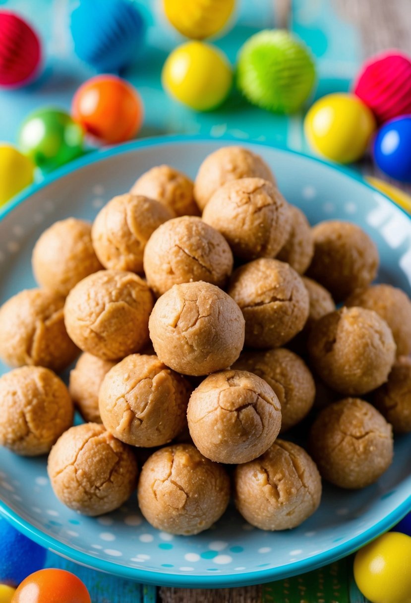 A colorful array of no-bake peanut butter balls arranged on a plate, surrounded by playful, child-friendly decorations