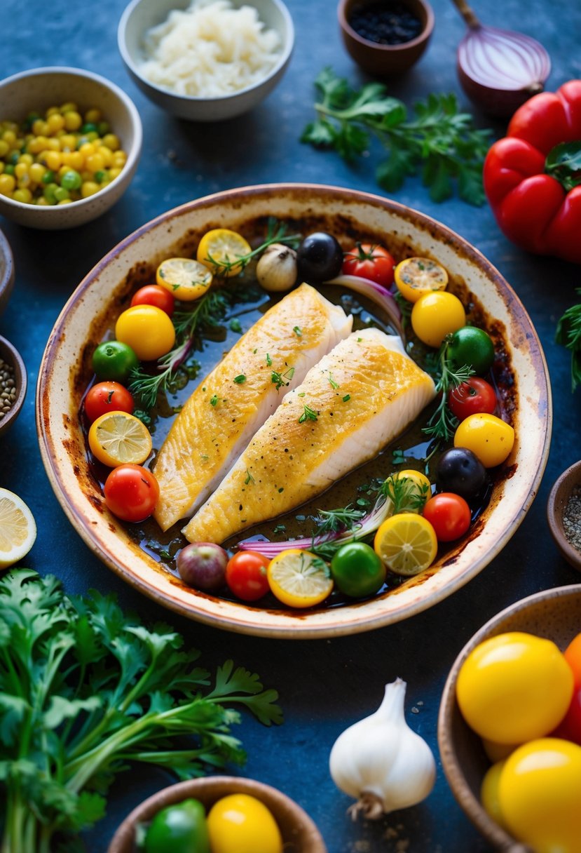 A colorful array of Mediterranean ingredients surround a perfectly baked Mahi Mahi fillet on a rustic ceramic dish