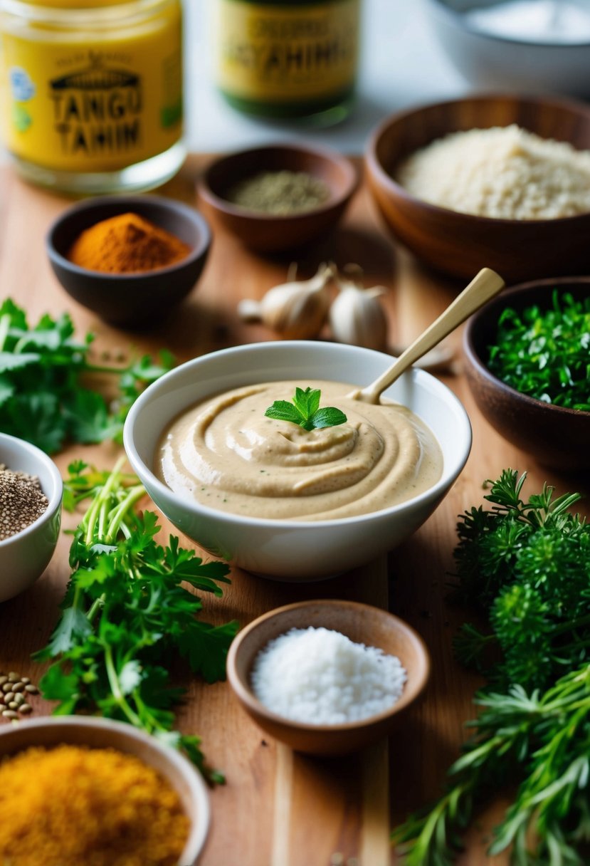 A small bowl of tangy tahini sauce surrounded by a variety of fresh herbs, spices, and ingredients on a wooden kitchen counter