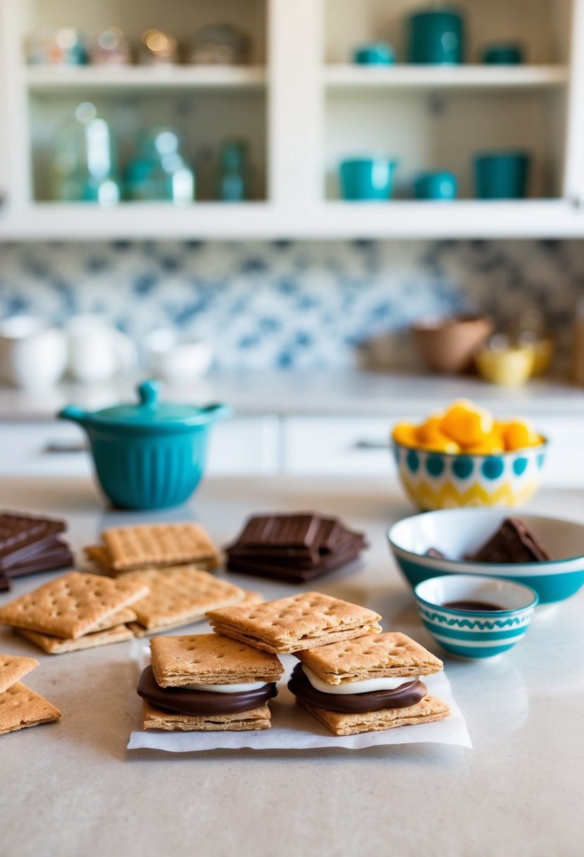 A child-friendly kitchen counter with graham crackers, chocolate, and other ingredients laid out for making no-bake sandwiches