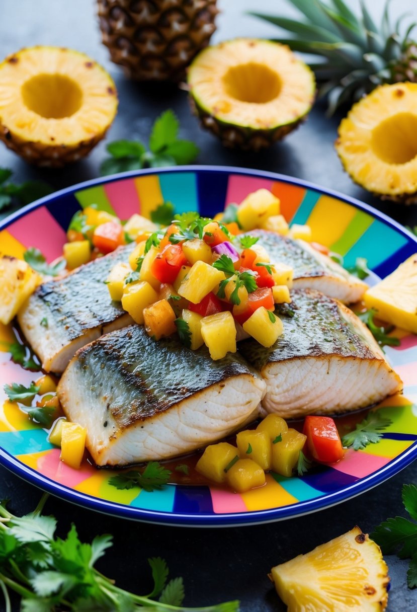 A colorful plate of baked mahi mahi topped with vibrant pineapple salsa, surrounded by tropical fruits and herbs