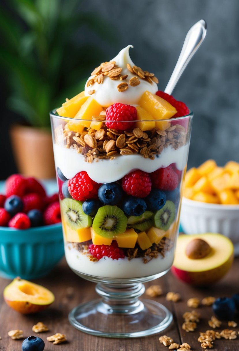 A colorful array of fresh fruits, granola, and yogurt layered in a clear glass parfait dish, topped with a dollop of creamy goodness