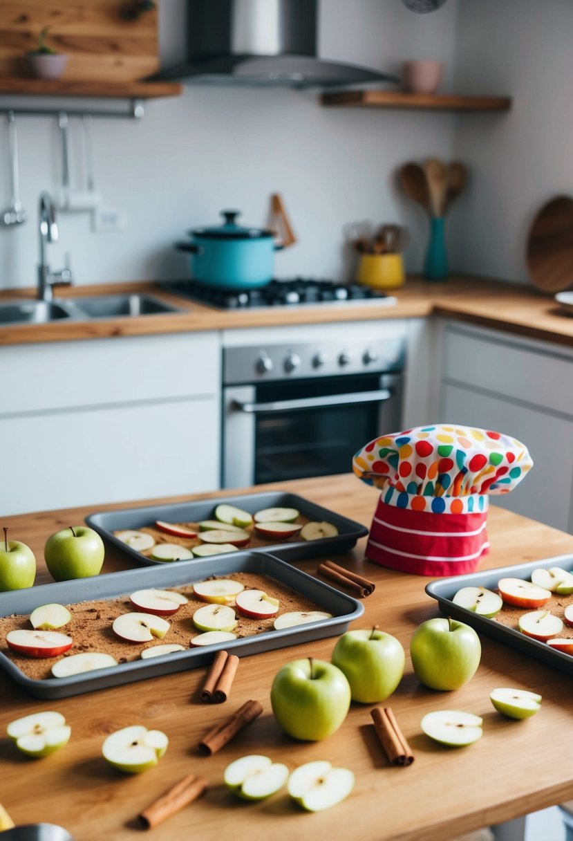 A child-friendly kitchen with a wooden table covered in sliced apples, cinnamon, and baking trays. A colorful apron and chef's hat are nearby