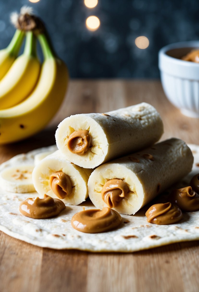 Sliced bananas and dollops of peanut butter on a tortilla, rolled up and cut into bite-sized pieces