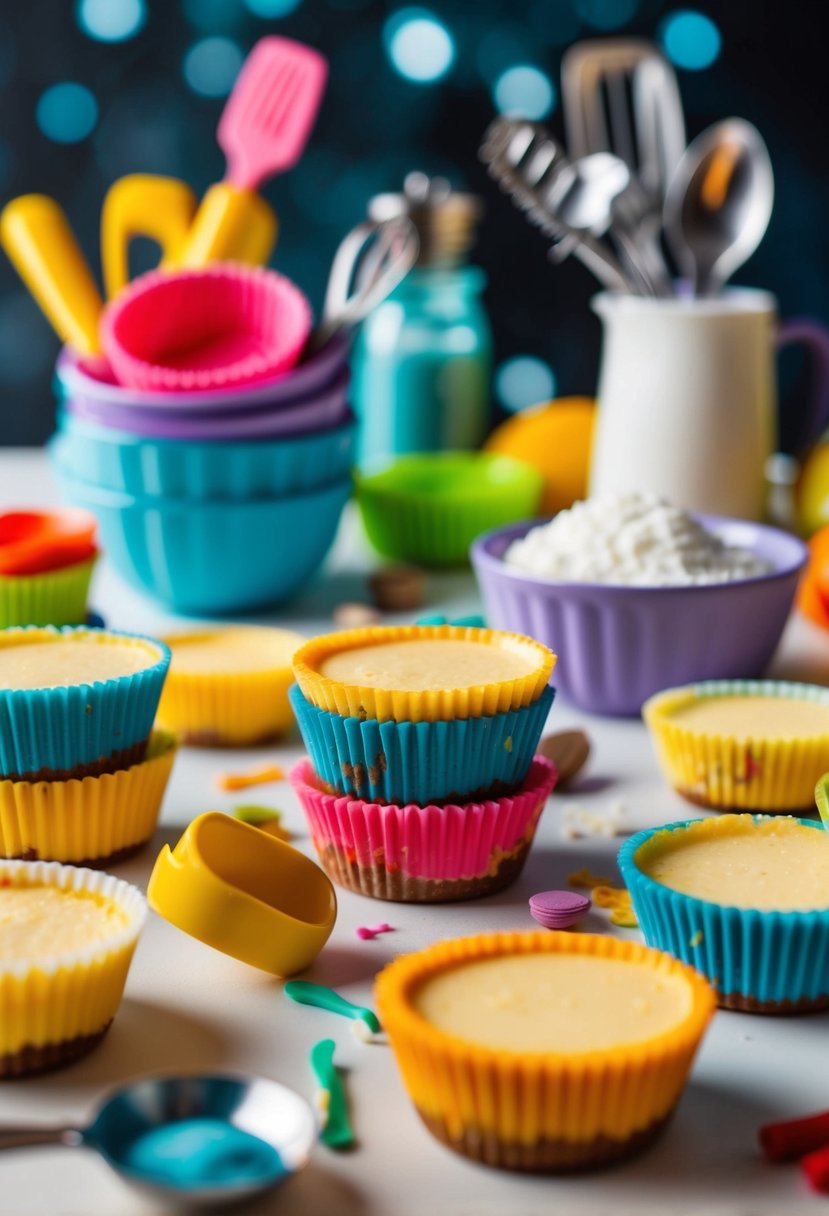 A colorful array of mini cheesecake cups, surrounded by playful kitchen utensils and ingredients, ready for little hands to create