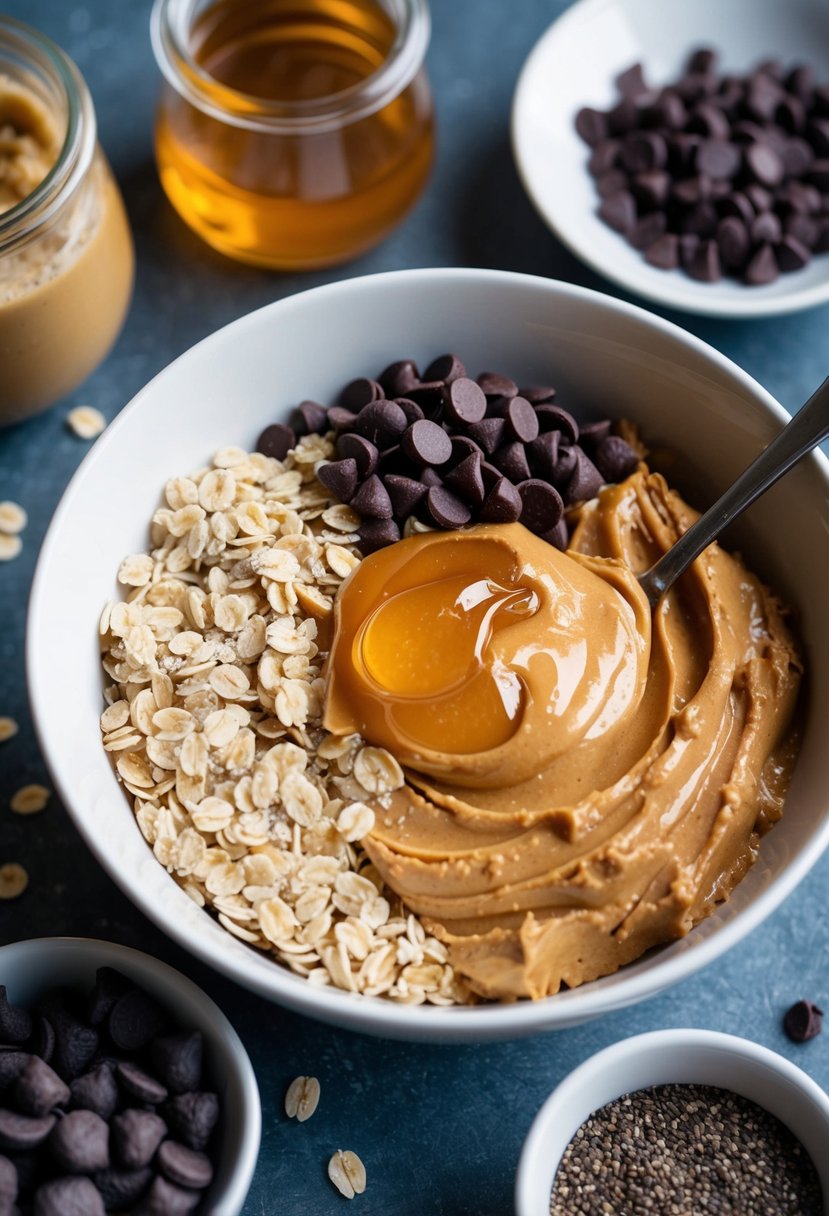 A bowl of oats, honey, and peanut butter mixed together, surrounded by ingredients like chocolate chips, chia seeds, and dried fruit