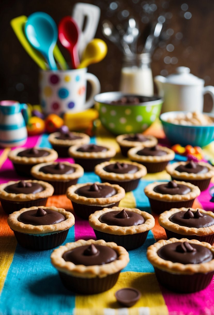 A group of mini chocolate pudding pies arranged on a colorful tablecloth, surrounded by playful and whimsical kitchen utensils and ingredients