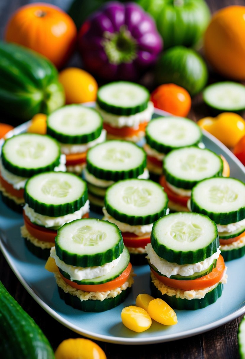 A colorful array of cucumber and cream cheese sandwiches arranged on a platter, surrounded by vibrant fruits and vegetables