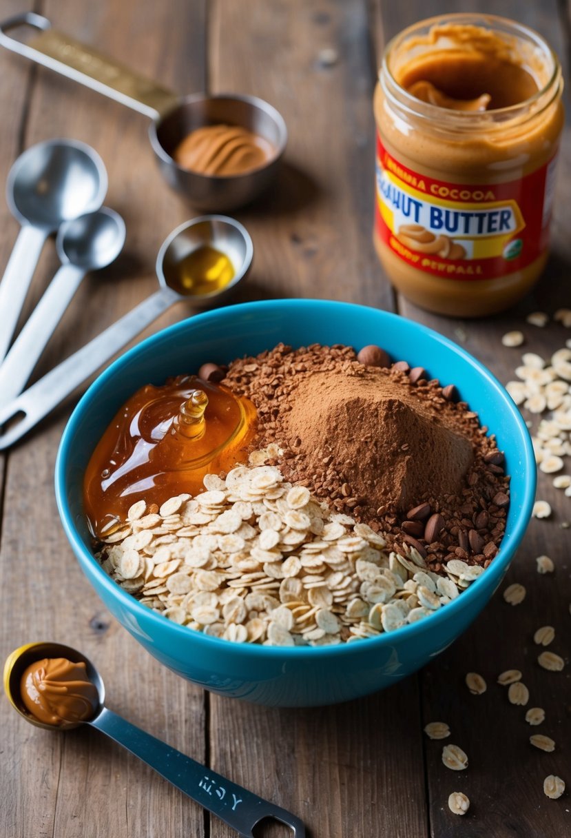 A mixing bowl filled with oats, cocoa powder, and honey, surrounded by measuring spoons and a jar of peanut butter