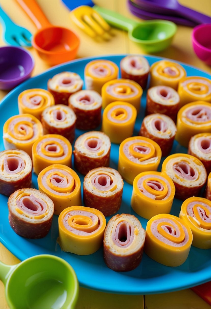 A colorful array of ham and cheese roll-ups displayed on a vibrant, kid-friendly platter surrounded by playful, non-toxic kitchen utensils