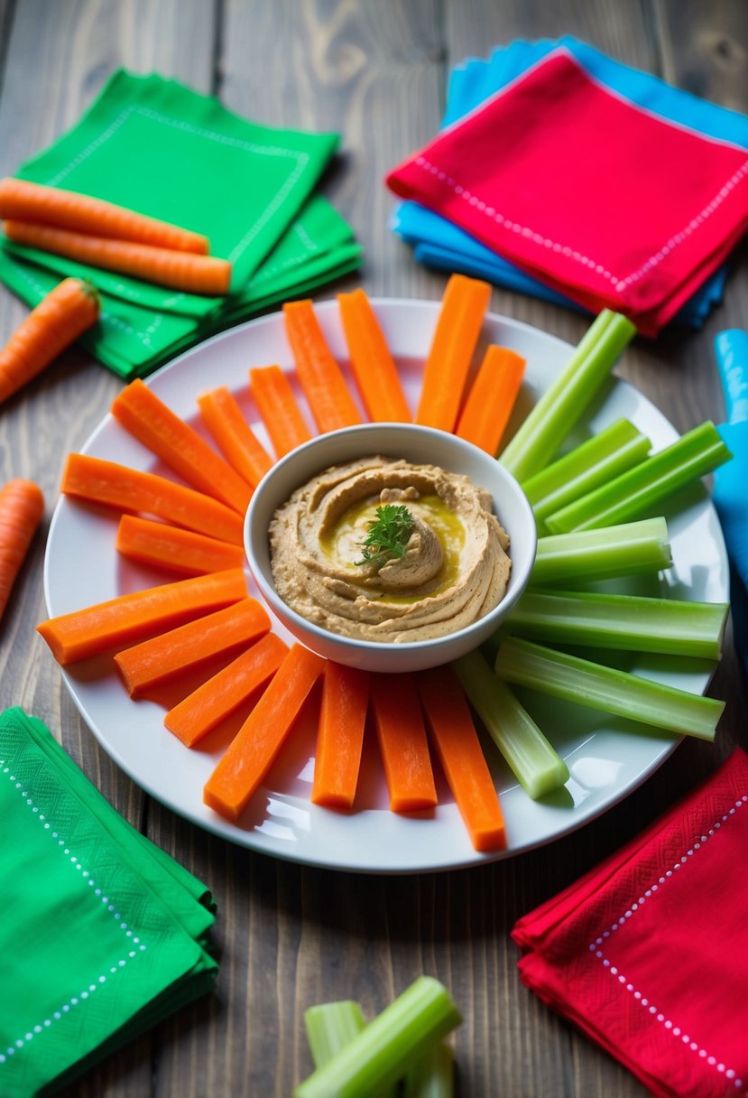 A plate of carrot and celery sticks with a bowl of hummus in the center, surrounded by colorful napkins and a playful, child-friendly setting