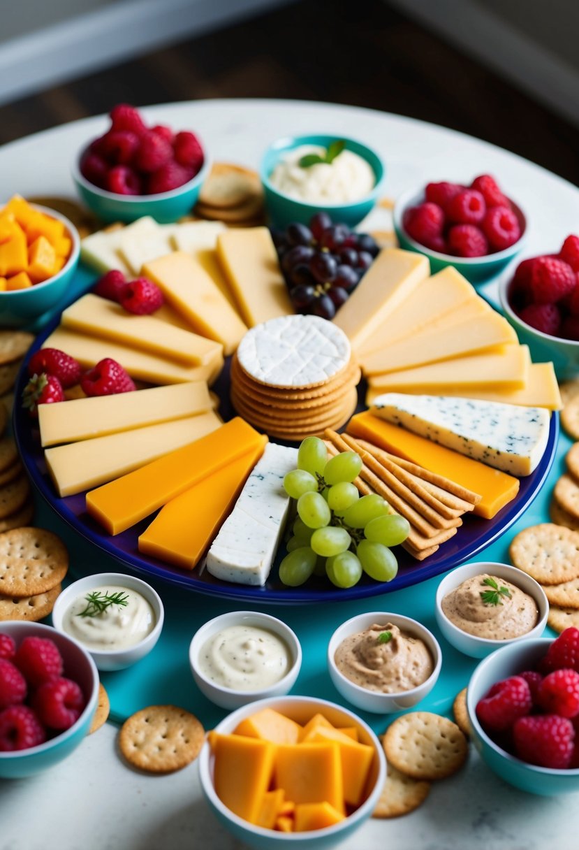 A colorful array of cheese and crackers arranged on a serving platter, surrounded by fresh fruit and small bowls of dips