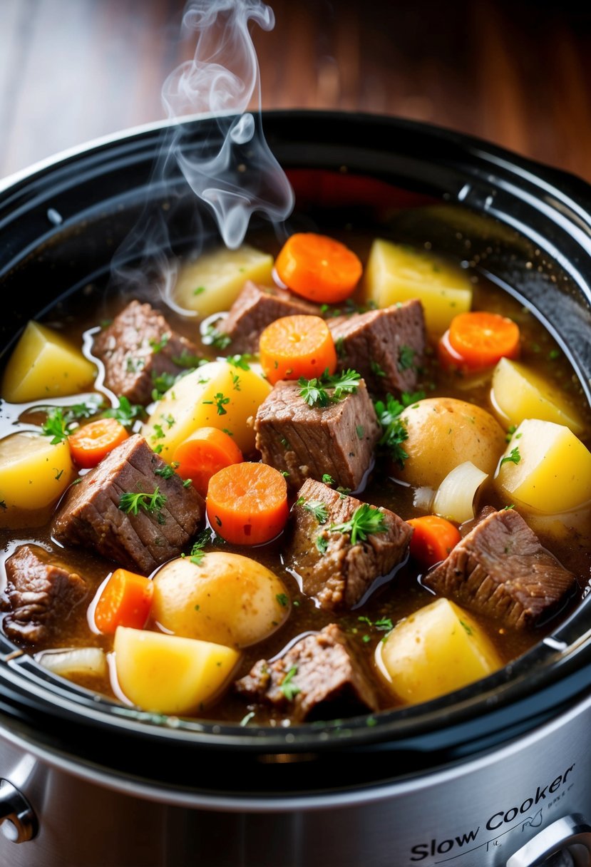 A slow cooker filled with chunks of beef, carrots, potatoes, and onions simmering in a rich, savory broth. Steam rising from the pot