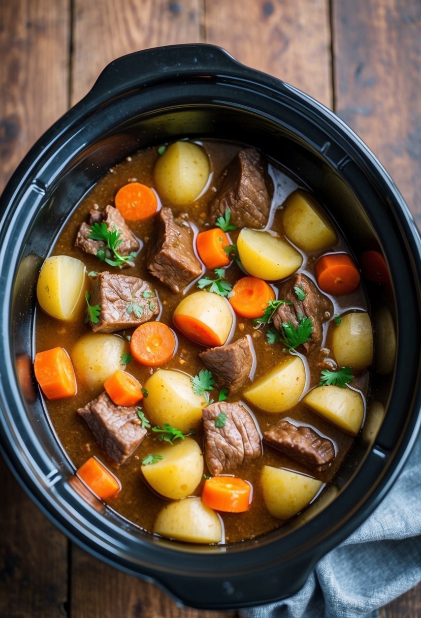 A simmering crock pot filled with hearty chunks of beef, potatoes, and carrots in a rich, savory broth