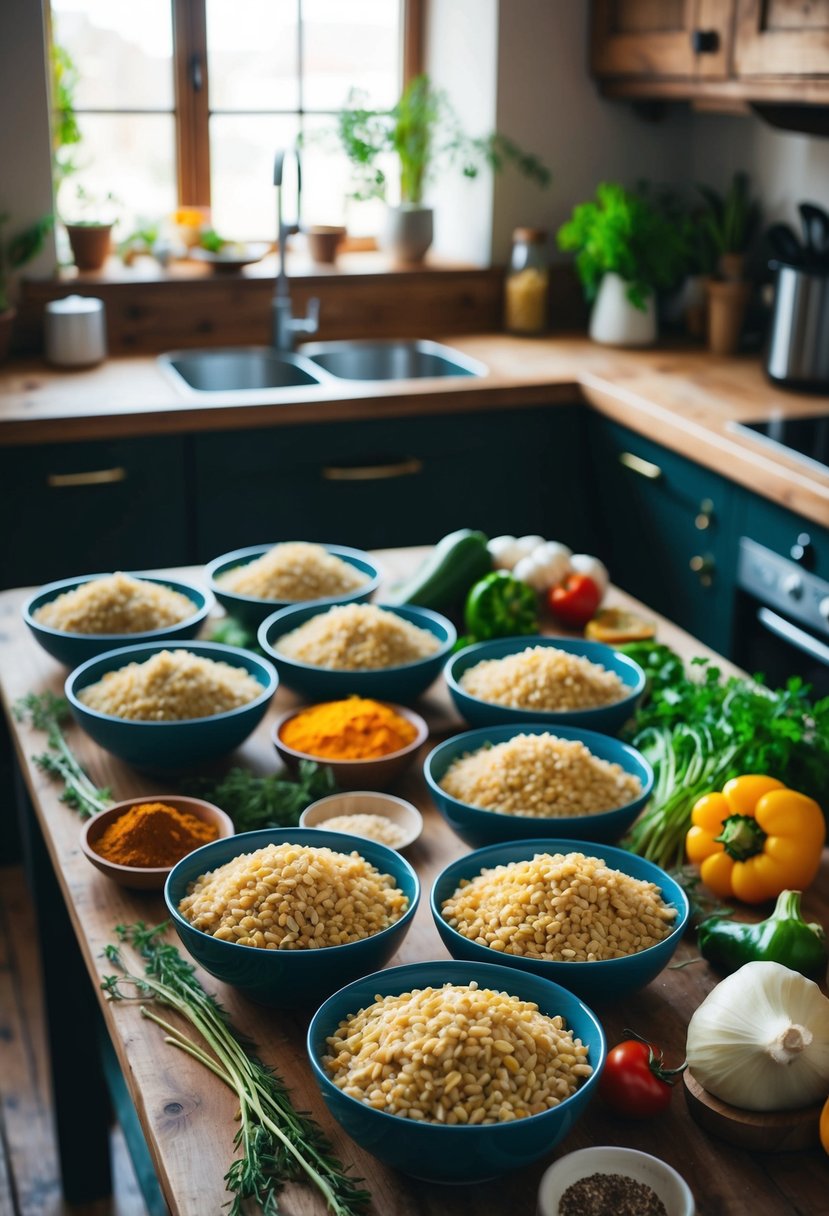 A rustic kitchen with a wooden table covered in bowls of cooked barley, surrounded by fresh ingredients like vegetables, herbs, and spices