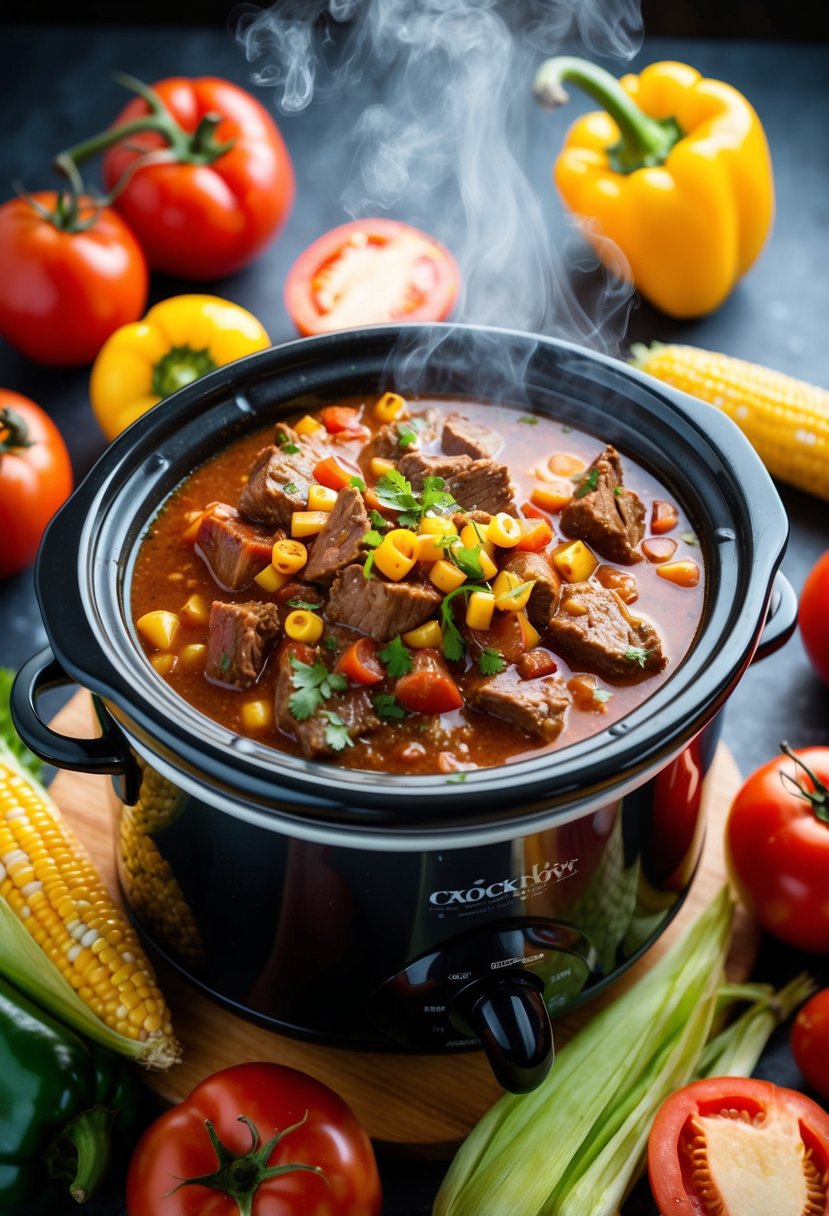 A steaming crockpot filled with spicy Southwestern beef stew, surrounded by vibrant ingredients like tomatoes, peppers, and corn