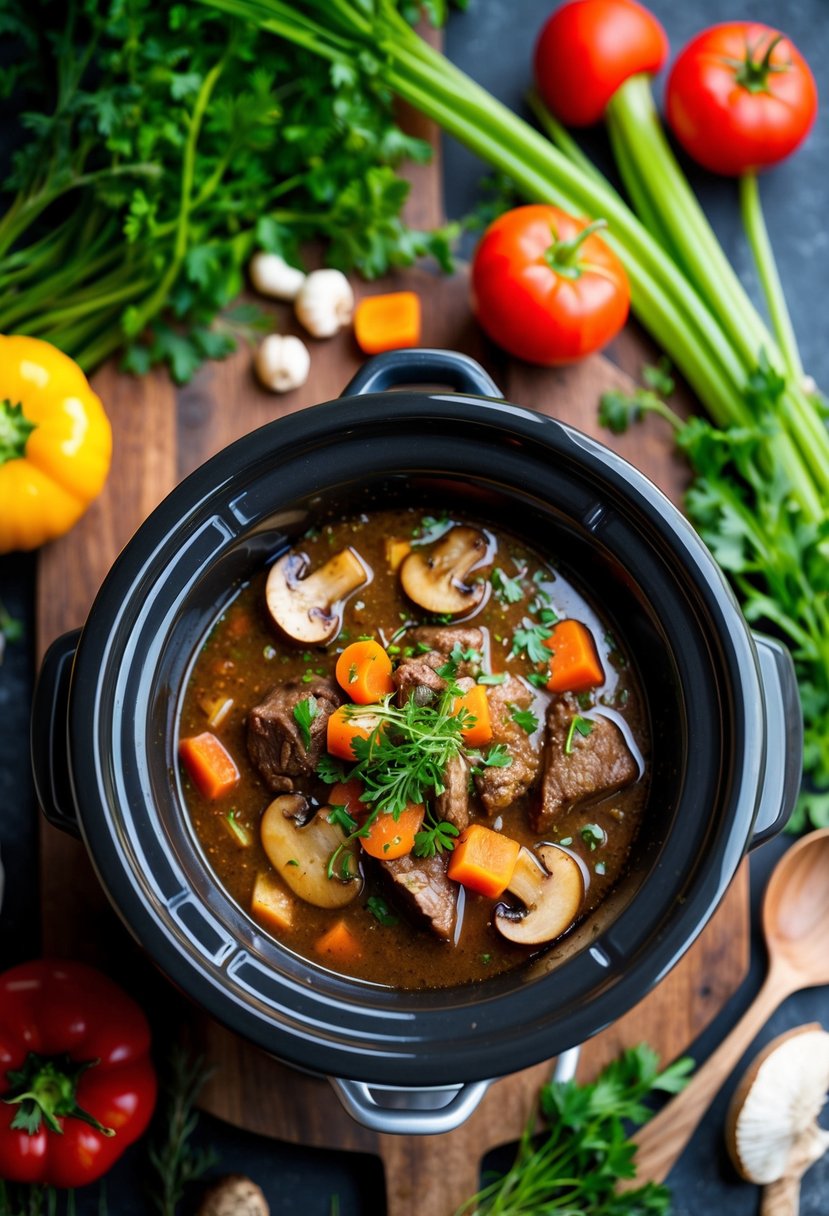 A bubbling crock pot filled with savory mushroom beef stew, surrounded by fresh vegetables and herbs