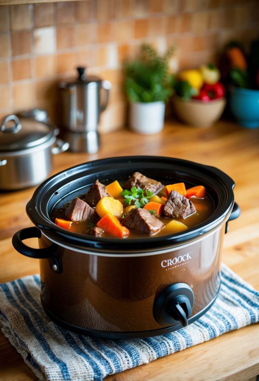 A rustic crock pot filled with hearty chunks of beef, colorful vegetables, and savory broth simmering on a cozy kitchen counter