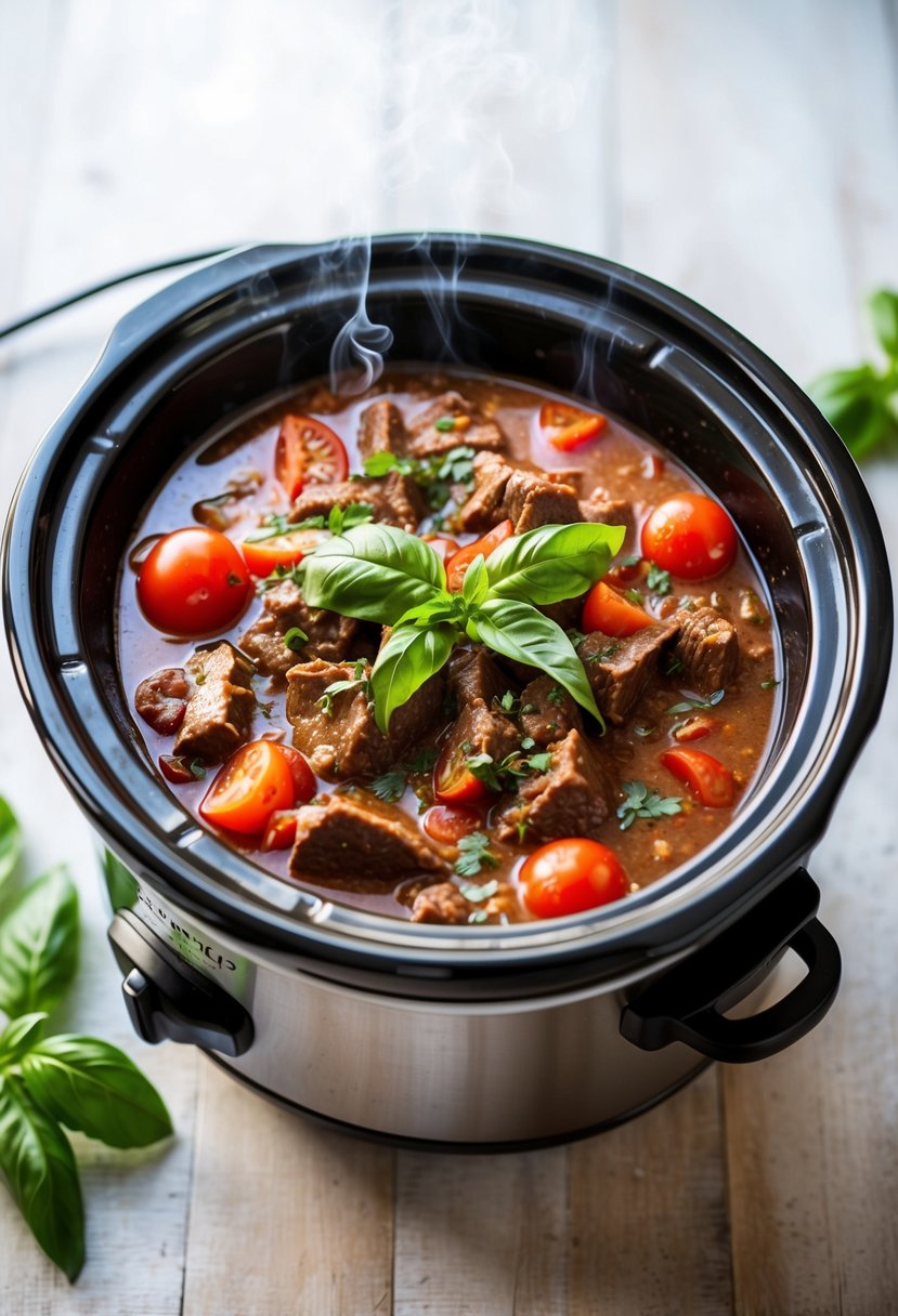 A bubbling crockpot filled with savory beef stew, tomatoes, and fresh basil leaves, emitting a mouthwatering aroma