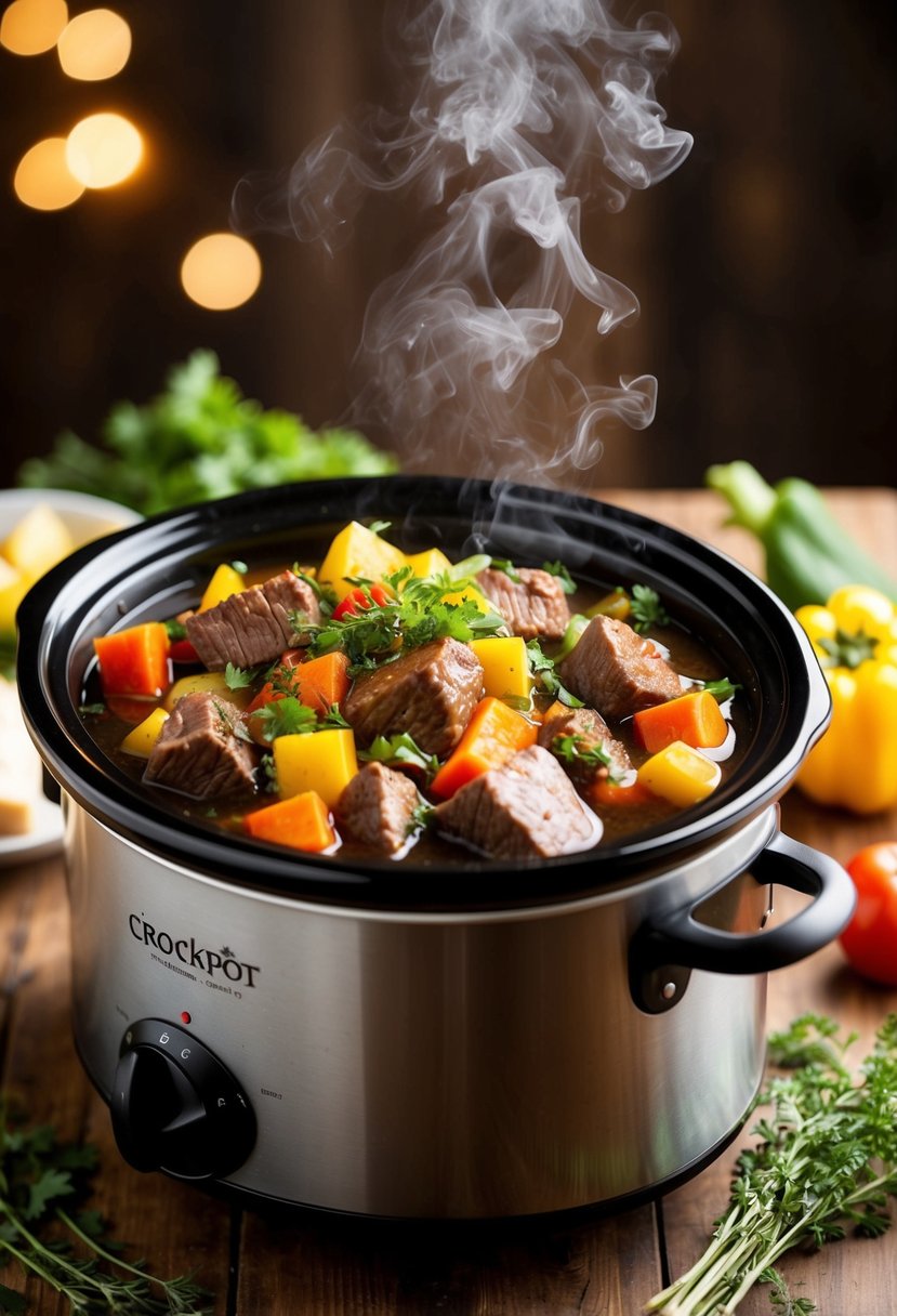 A bubbling crockpot filled with chunks of beef, colorful vegetables, and fragrant herbs, emitting a mouthwatering aroma