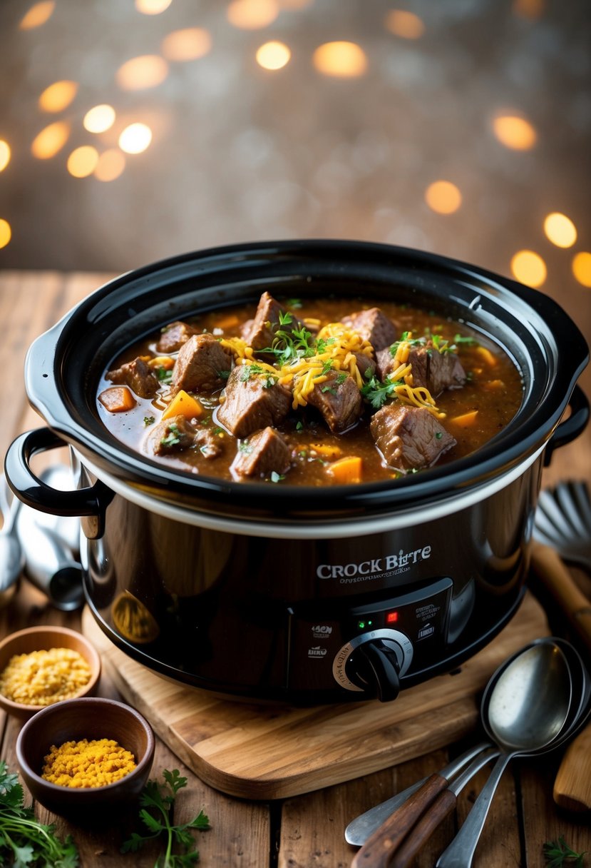 A bubbling crock pot filled with hearty beef stew, infused with the rich aroma of mustard and surrounded by rustic kitchen utensils