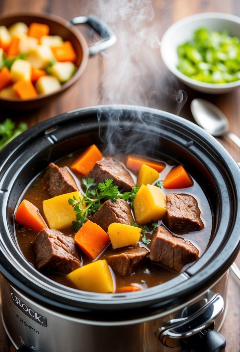 A steaming crock pot filled with chunks of tender beef and colorful root vegetables simmering in a rich, savory broth