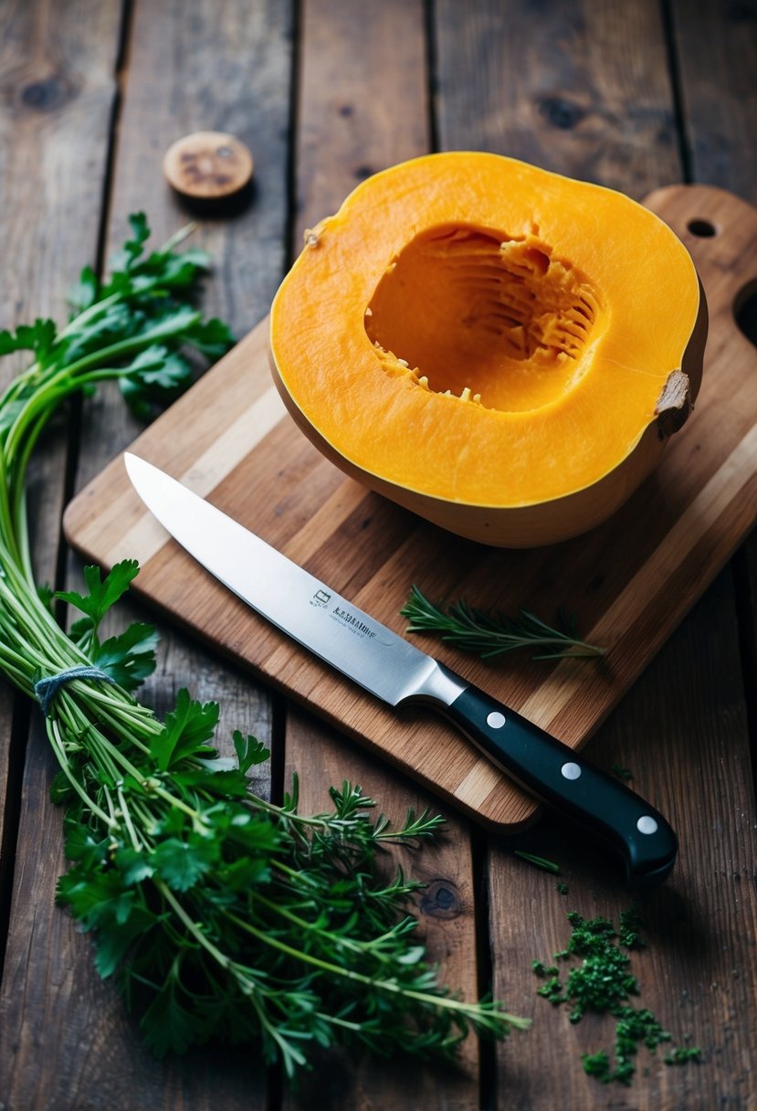 A rustic wooden table with a whole butternut squash, a sharp knife, a cutting board, and a few fresh herbs scattered around