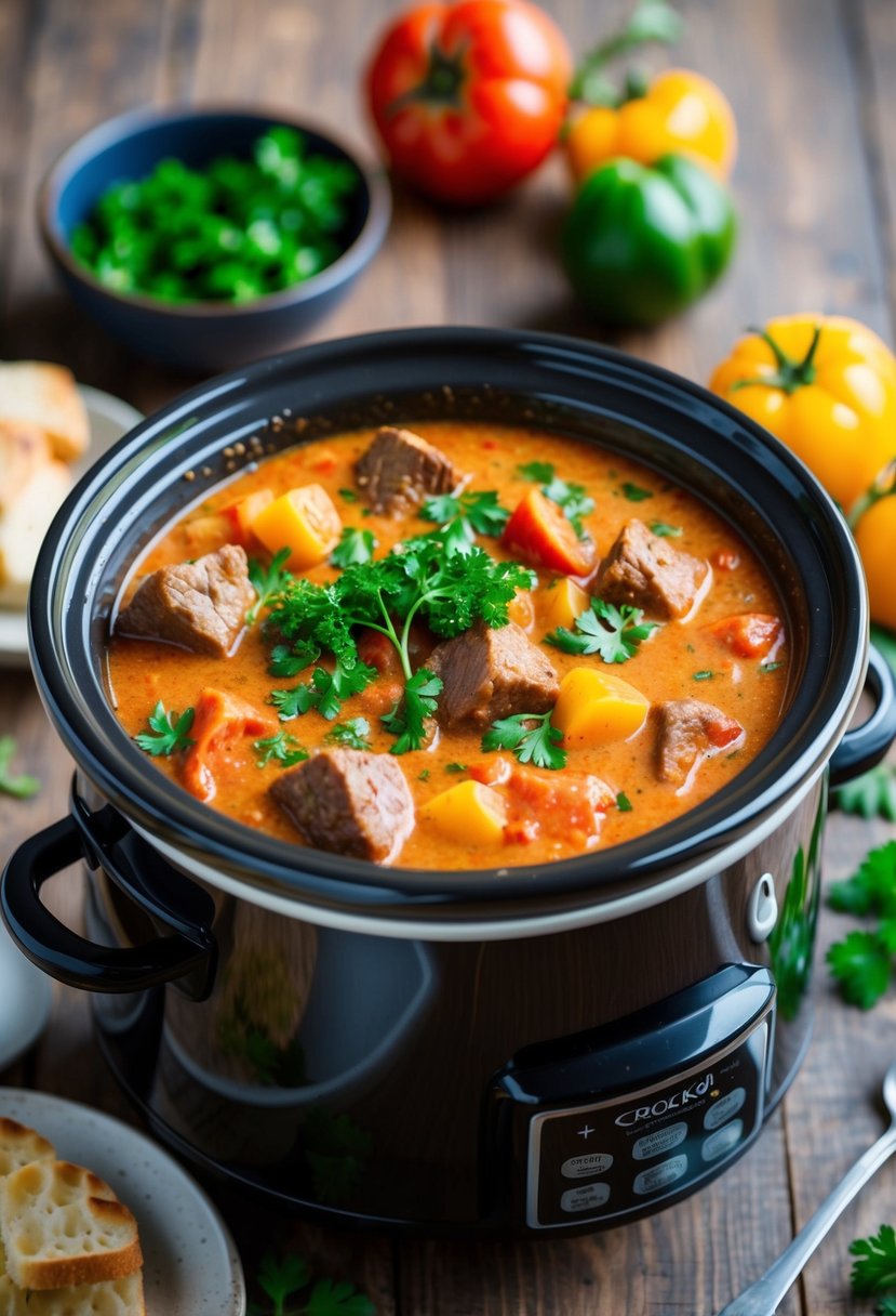 A bubbling crockpot filled with creamy tomato-parsley stew, chunks of beef, and colorful vegetables