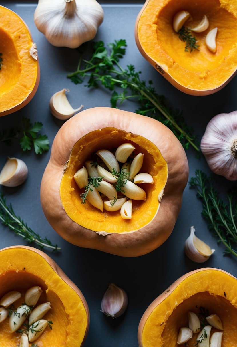 A whole butternut squash surrounded by cloves of garlic and fresh herbs, ready to be roasted in the oven