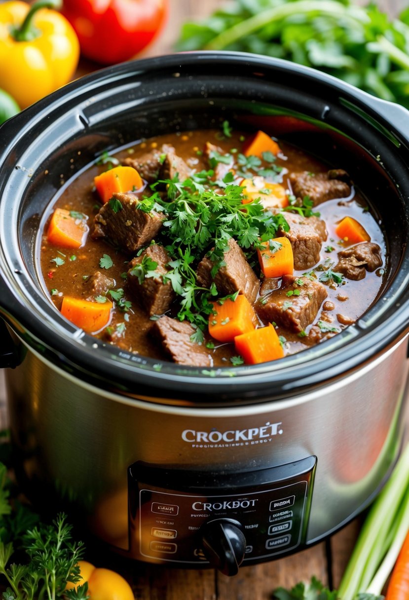 A bubbling crockpot filled with hearty beef stew, surrounded by fresh vegetables and herbs