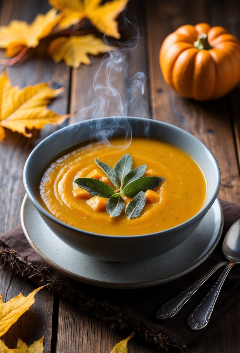 A steaming bowl of butternut squash soup topped with crispy sage leaves sits on a rustic wooden table, surrounded by autumn leaves and a warm, cozy atmosphere