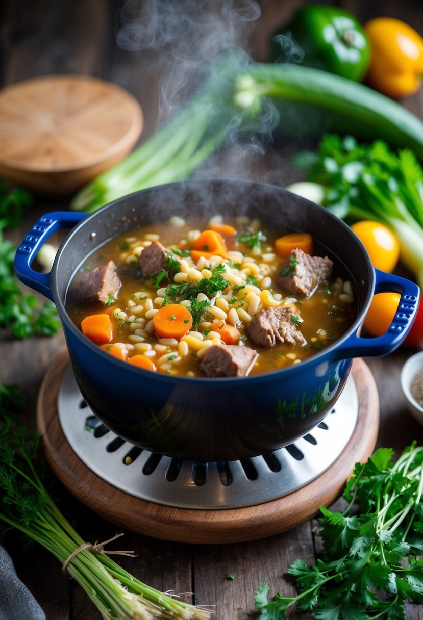 A steaming pot of barley and beef stew simmers on a rustic wooden stove, surrounded by fresh vegetables and herbs