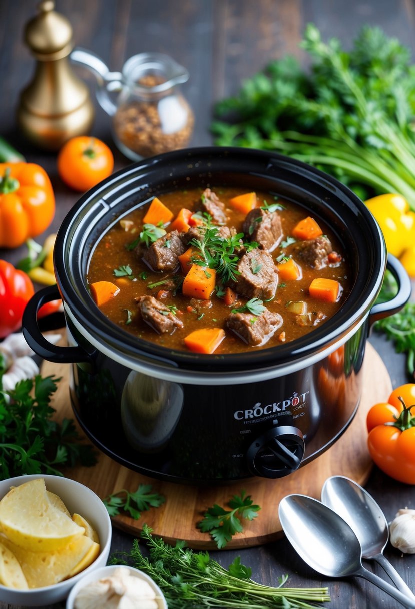 A bubbling crockpot filled with hearty Italian-style beef stew, surrounded by colorful vegetables and aromatic herbs