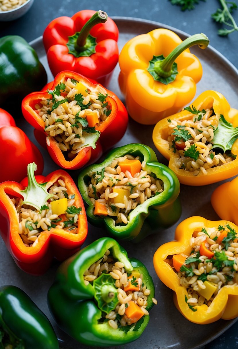 A colorful array of bell peppers, sliced open and overflowing with a hearty mixture of barley, herbs, and vegetables