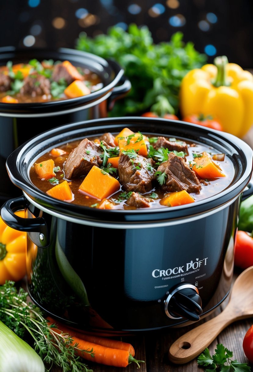 A bubbling crock pot filled with thick and chunky beef stew, surrounded by colorful vegetables and aromatic herbs